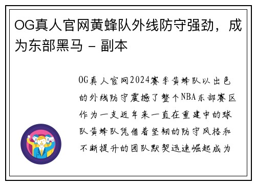 OG真人官网黄蜂队外线防守强劲，成为东部黑马 - 副本