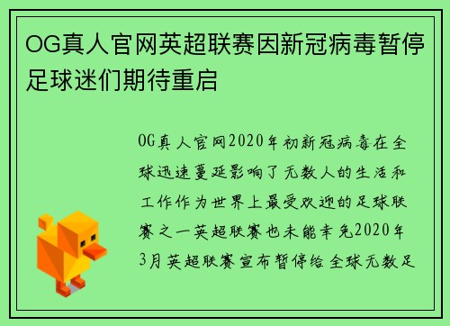 OG真人官网英超联赛因新冠病毒暂停足球迷们期待重启
